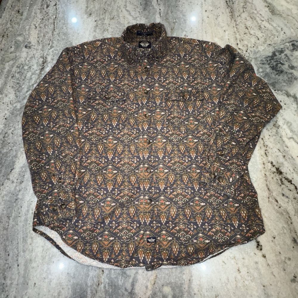 VTG 90s Dockers Levis Floral Aztec Button Down Shirt Brown Paisley Sz Men's L